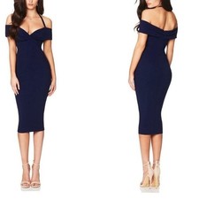 NWT Nookie Athena Off Shoulder Halter Midi Dress Womens XS Navy Blue