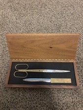 Vintage Solingen Germany Desk Set -Brass  Steel Scissors Letter Opener Wood Box
