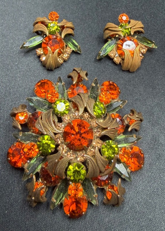 Juliana broach with earrings and Autumn-hued orange and green rhinestone