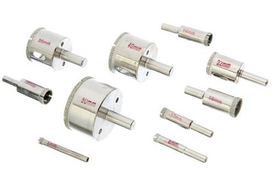 DH09HS 10-piece 80 Grit Diamond Hole Saw set for Glass & Stone (Size 1/4'' to 2'')
