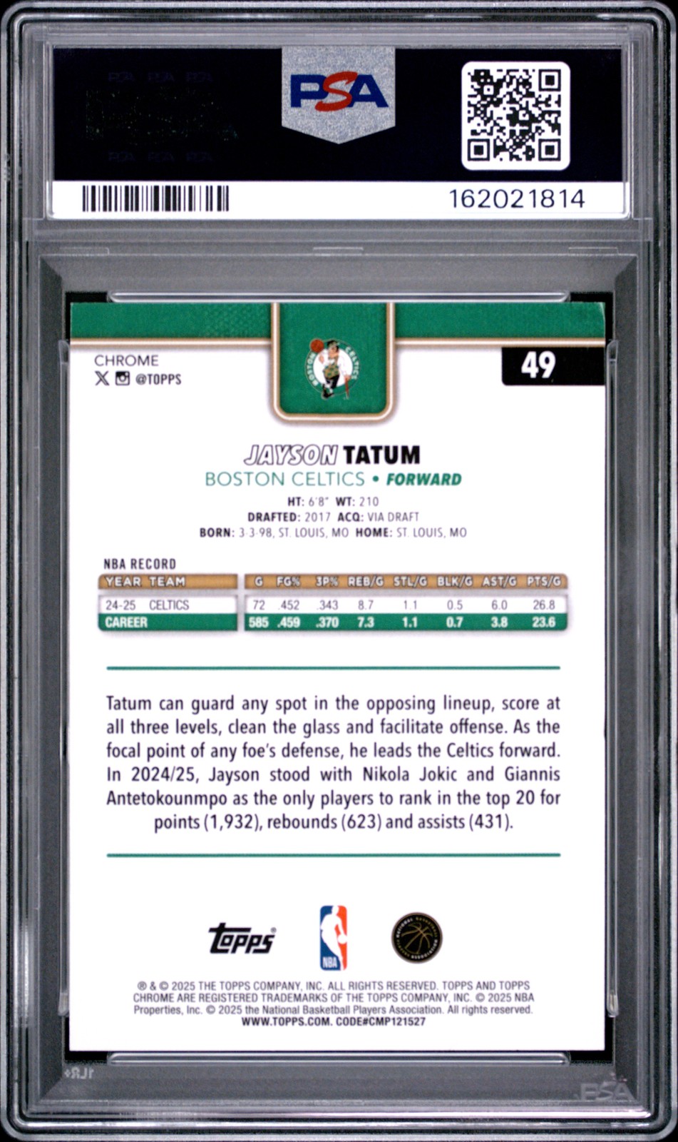 2025 TOPPS CHROME GREEN REFRACTOR #49 JAYSON TATUM 81/99 PSA 10 view 2