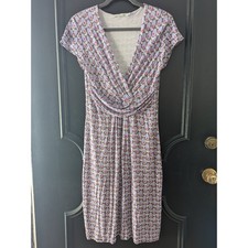 Boden Gray Purple Retro Floral Print Faux Wrap Jersey Dress Short Sleeve Lined