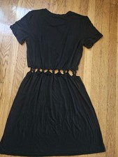 Women's Black Solid Round Neck Short Sleeve Cut Out A-Line Mini Dress S