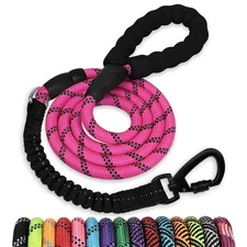 Bungee Rope Dog Leash 5 FT Reflective with Padded Handle Lockable Hook Pink