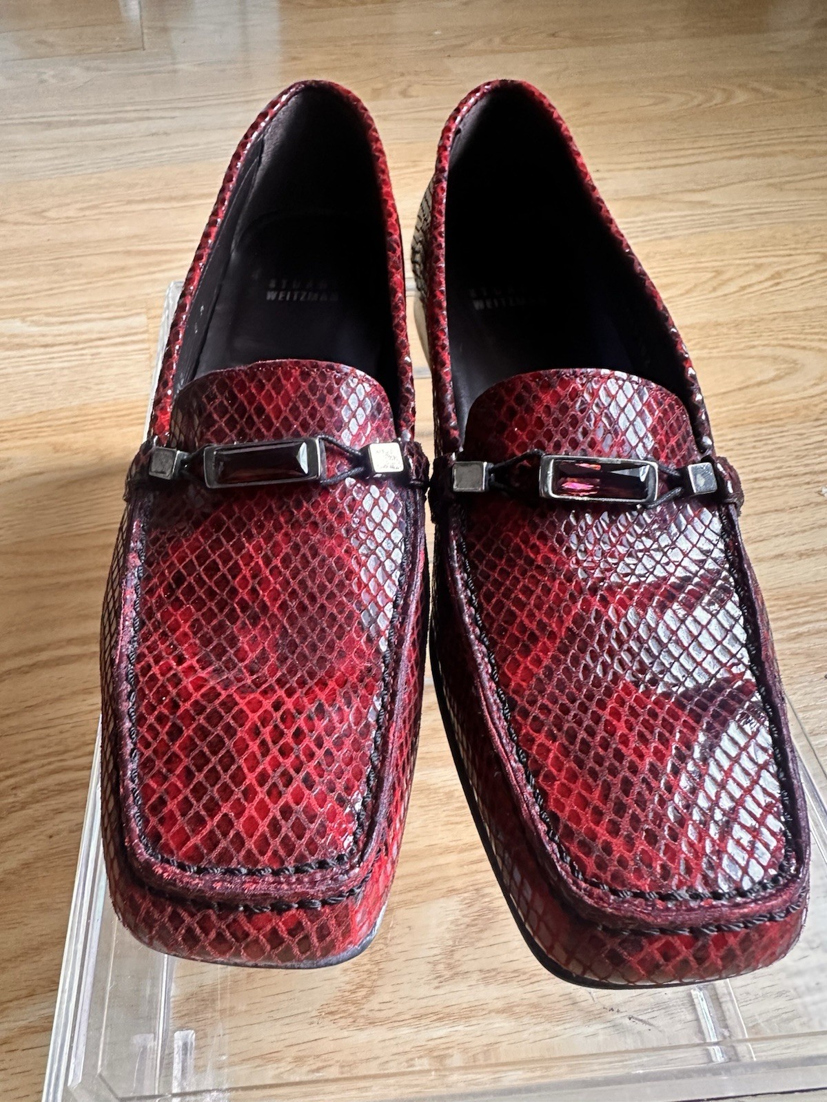 Stuart Weitzman Red Python-Embossed Leather Loafe… - image 3