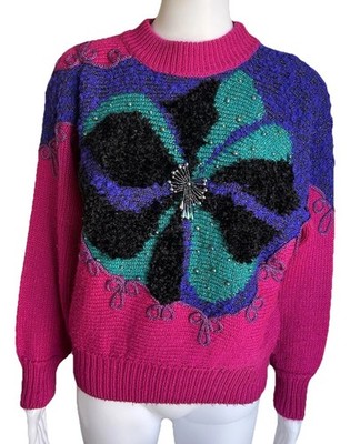 Vintage 80s Jaclyn Smith Beaded Floral Sweater Pink Colorblock Women M
