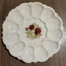 Vtg Ceramic Deviled Egg Plate 9.5” Handmade Signed Alice Speckled White Roses