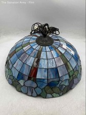 Vintage Tiffany Style Stained Glass Blue Green Floral Motif Table Lamp