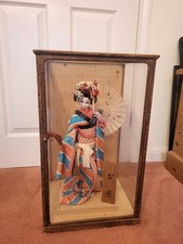 Vintage Japanese Cherry Blossom Doll In Glass/Wood Case.