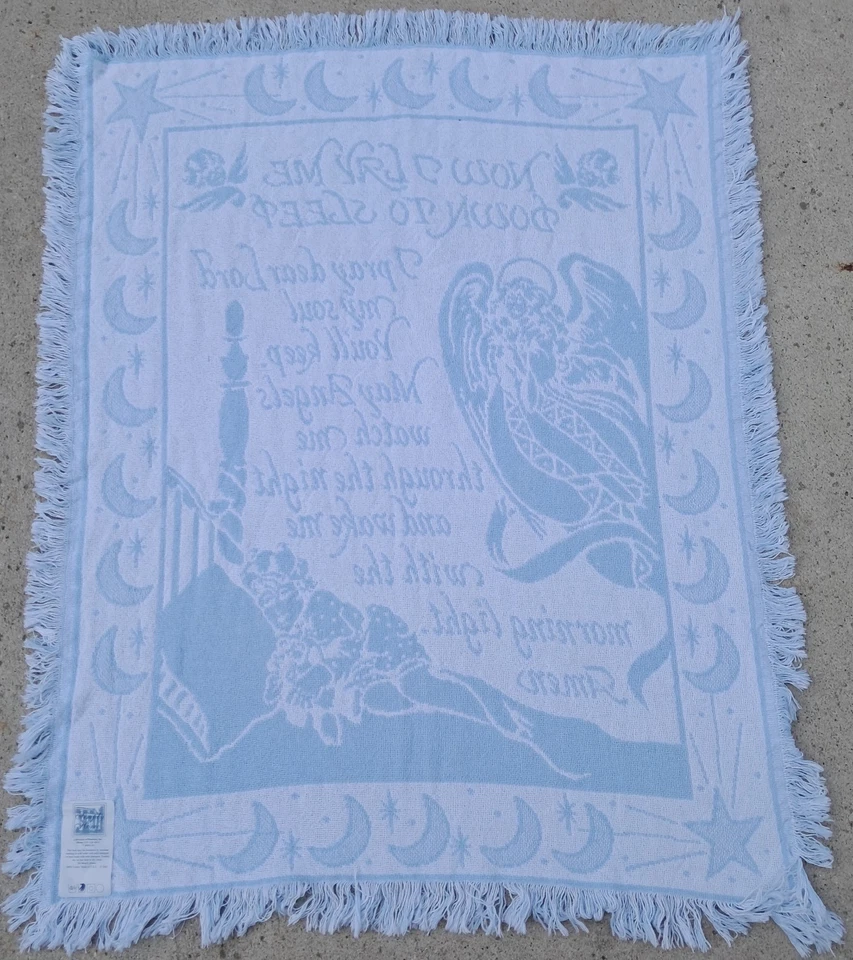 Manta vintage 2002 Baby Throw Down I Lay Me azul blanco tapiz infantil decoración Foto 4 de 4
