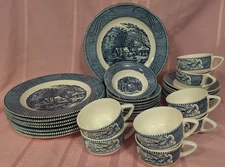 Vtg Currier and Ives Dishes 32 Pieces - 8 Place Settings - Pristine Condition!