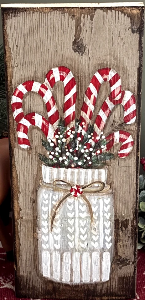 *~* HAND PAINTED SWEATER JAR *~* CANDY CANES *~* PEPPERMINT *~*RECLAIMED WOOD - Image 2 of 2
