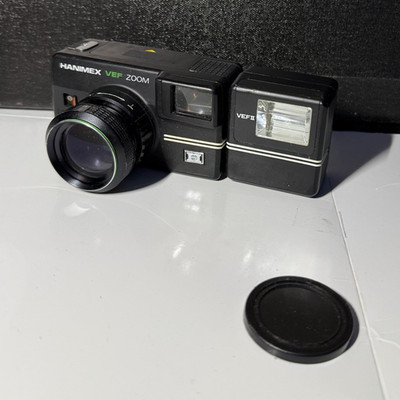HANIMEX VEF ZOOM 35mm Film Camera Black Point & Shoot w/ Flash Attachment