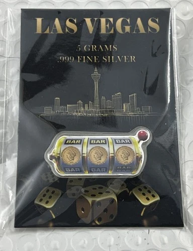 Las Vegas 5 g .999 Fine Silver Bar In Card and Plastic