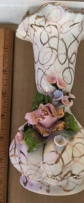 Handpainted Lefton China Vase #70443 Pink And Gold Pink Roses Fluted 6''