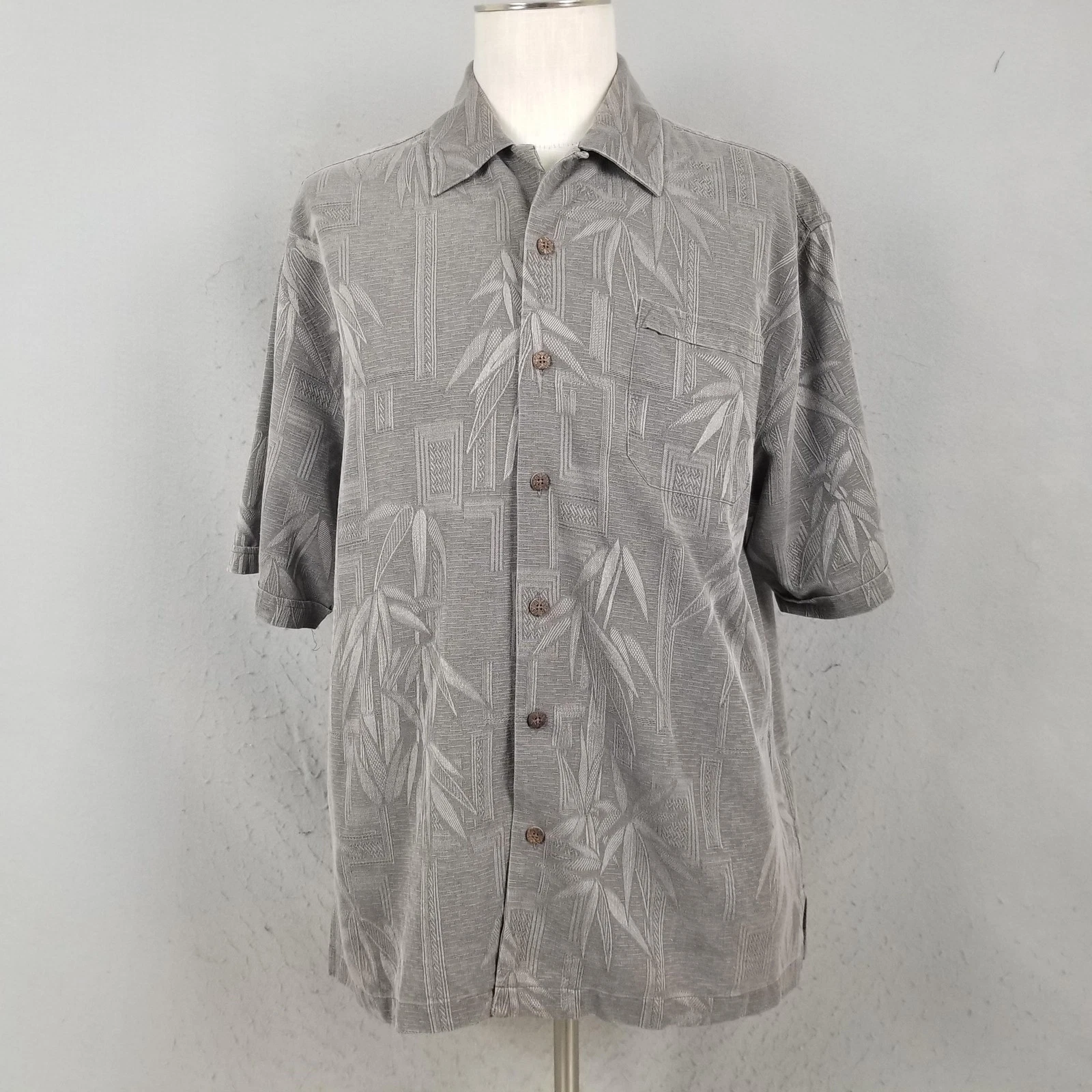 Jamaica Jaxx Shirt Mens Large Gray Bamboo Silk Hawaiian Aloha Camp Button Front