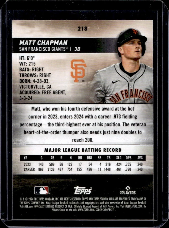 Stadium Club Matt Chapman 2024 blanco y negro #218 Giants - Imagen 2 de 2