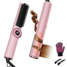Hair Straightener Brush: 3-in-1 Curling & Straightening Comb with Dual Voltag...