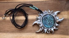 Labradorite Sun Face Moon Man Crescent Necklace Medallion Pendant Silver Art 