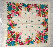 White wool shawl with flowers, Vintage traditional scarf, Ethnic Ukrainian shawl