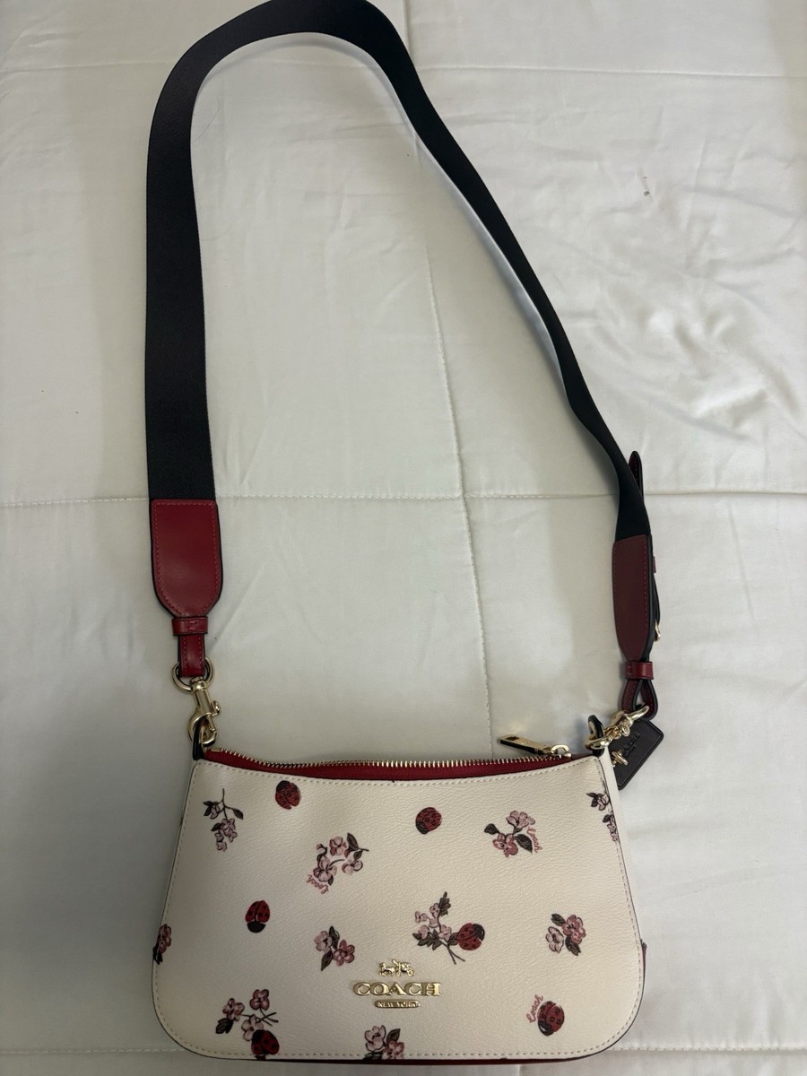 Coach Floral Ladybug Ivory Red Shoulder Bag Detachable Strap Zip