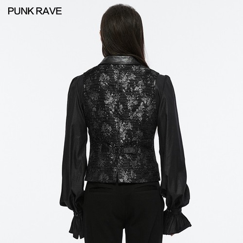 Punk Rave Men Black Goth Exquisite Jacquard Flip Collar Vest Slim Fit Waistcoat - Picture 21 of 40