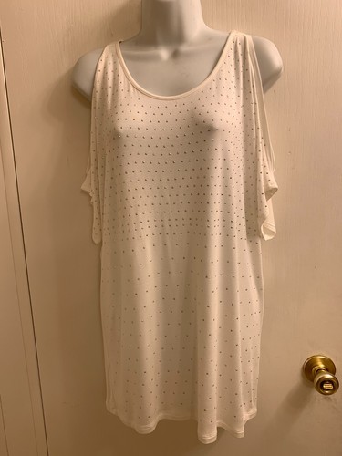 NWOT U-KNIT WHITE COLD SHOULDER ALL FRONT SEQUINS LARGE - Picture 1 of 5