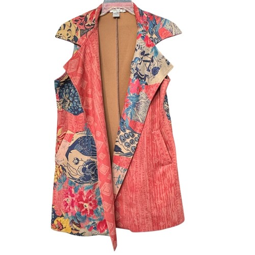Feratelli Sleeveless Patchwork Vest Multicolor Floral Abstract Open Front M