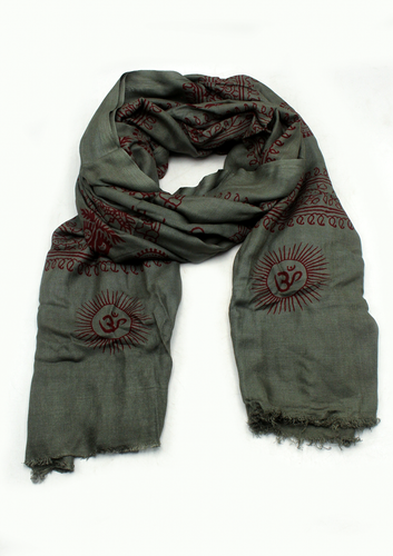 Dark Olive Green with Dark Red Prints Om Prayer Shawl, Large Om Meditation Scarf - Picture 2 of 3