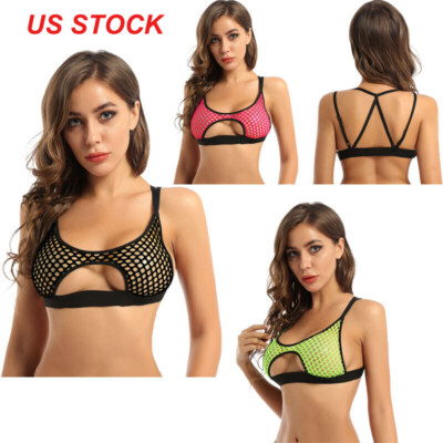 US Women's Fishnet Hollow Out See-through Bra Crop Top Camisole Cami Top Bustier
