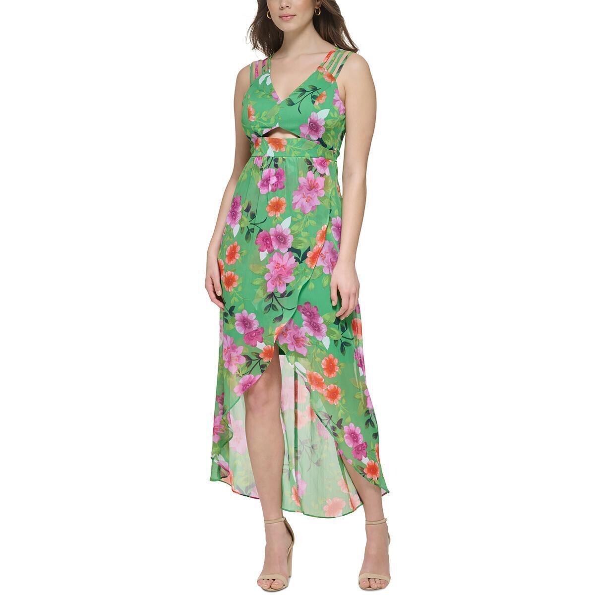 Guess Womens Full Chiffon Maxi Dress Green 14