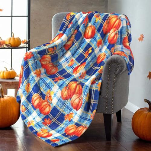 Fall Throw Blanket Pumpkin Leaves Plaid 80