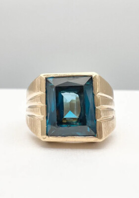 Designer 10K Yellow Gold Aqua Blue Synthetic Spinel Stone Men's Ring 10.6g
