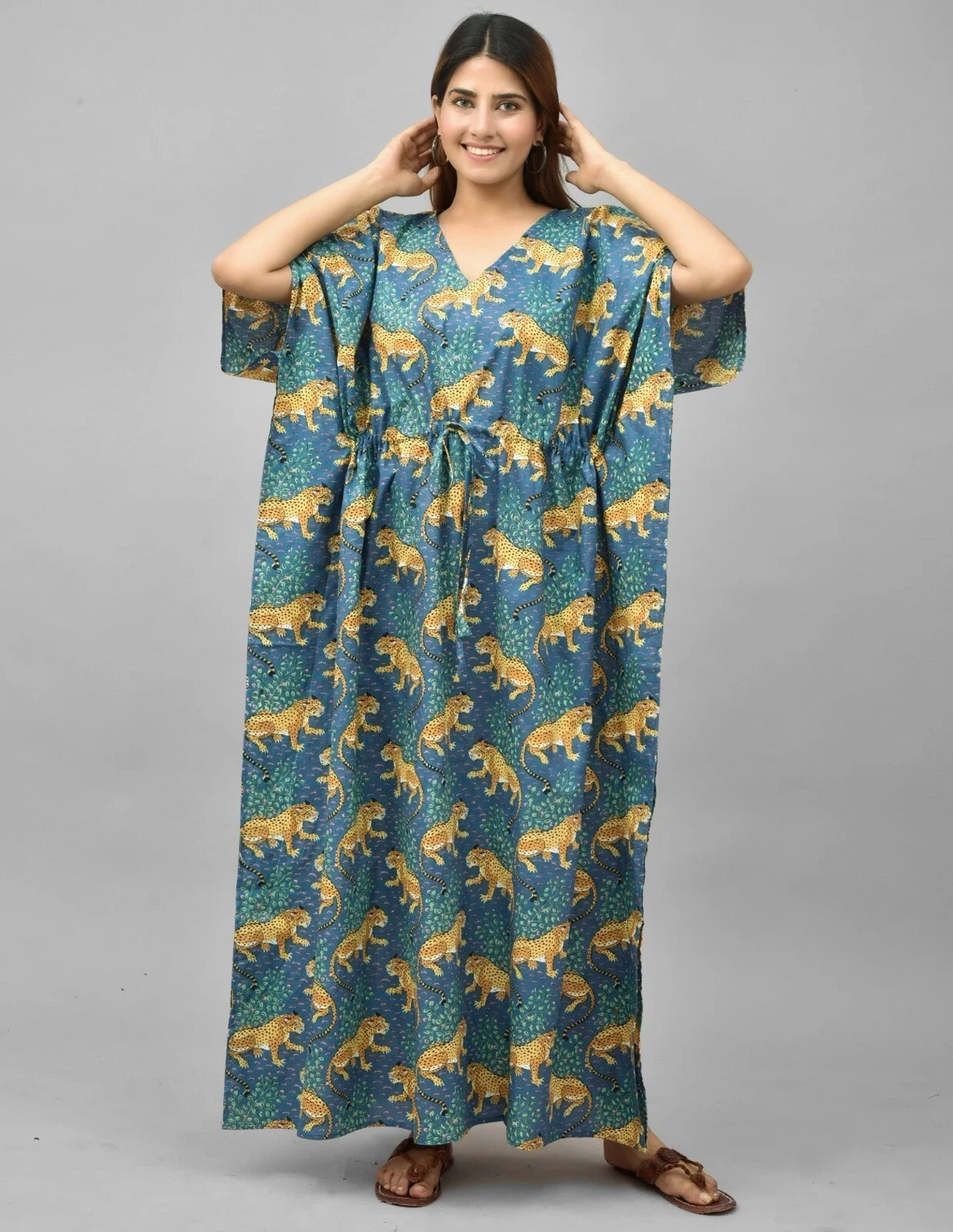 Indian Cotton Blue Tiger Printed Kaftan Dress Women's Clothing Kaftan Dress US