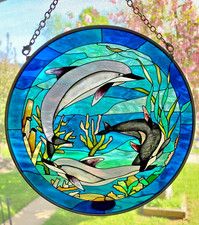 AMIA - Dolphins - Stained Glass Suncatcher - Round, 6.5" diameter - Hand Painted