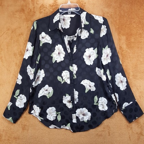 ZARA Top Womens Small Black Floral Button Up Shirt Big Flower Polka Dot