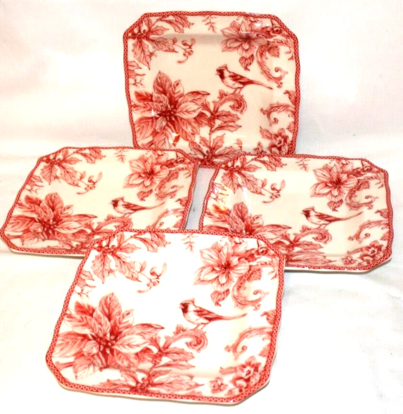 222 Christmas Lane Porcelain 8 1/2" Salad Plates Set of 4 Cardinal Red Bird New - Image 2 of 3