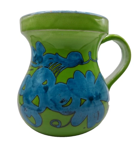 Vintage Hand Painted Green Blue Flowers  Floral Ceramic Coffee Mug Cup Italy