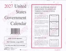 2027 US GOVERNMENT WALL CALENDAR UNICOR QTY:1 SINGLE CALENDAR - SUPER FAST SHIP