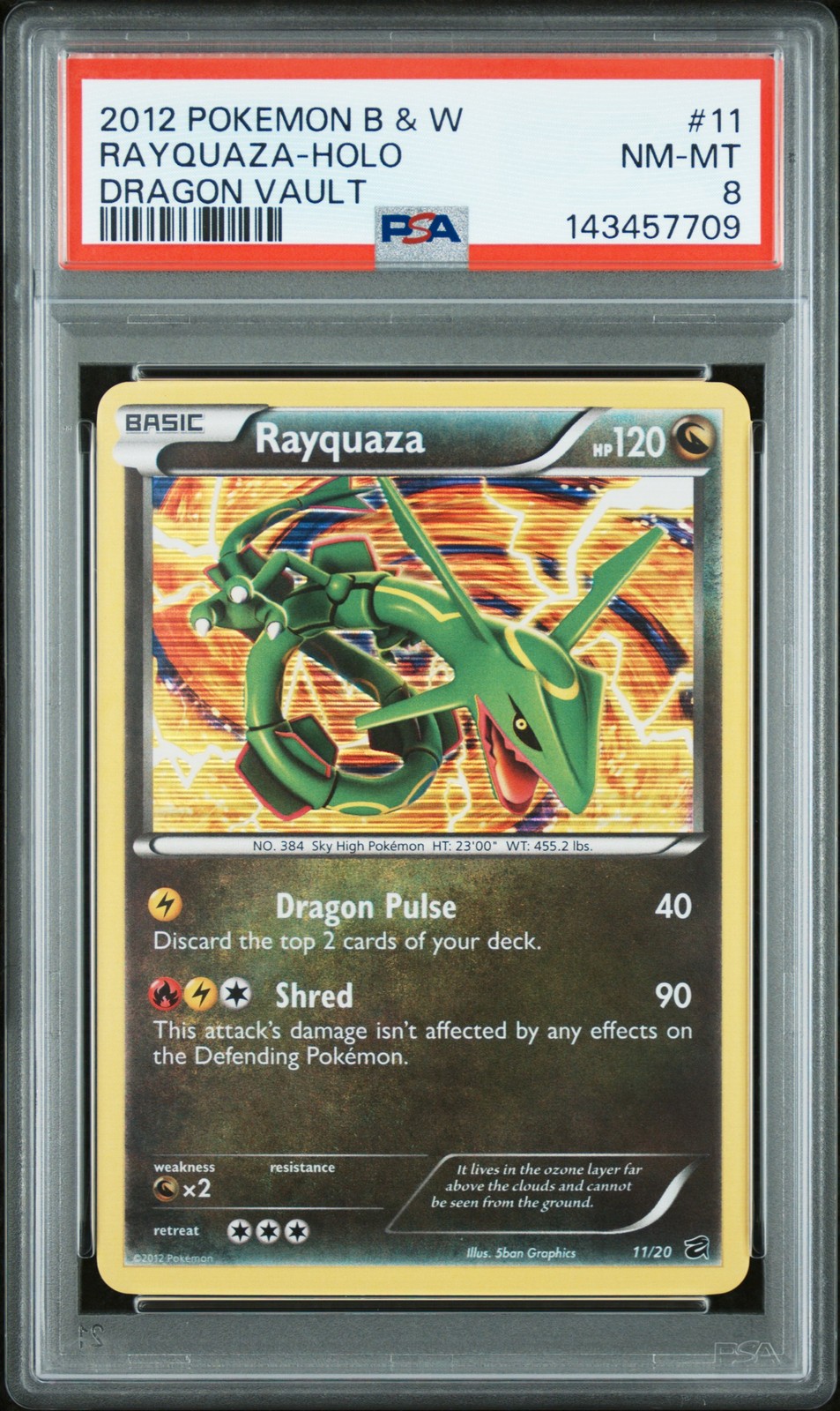 2012 POKEMON BLACK & WHITE DRAGON VAULT #11 RAYQUAZA-HOLO PSA 8