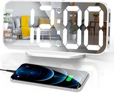 Slim LED Mirror Digital Alarm Clock with Dual Alarms and USB Ports