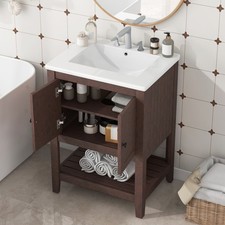 Bathroom vanity W solid wood frame Features open shelving Includes ceramic sink