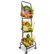 3 Tier Metal Fruit Vegetable Storage Basket with Wheels for Kitchen, Black Gold