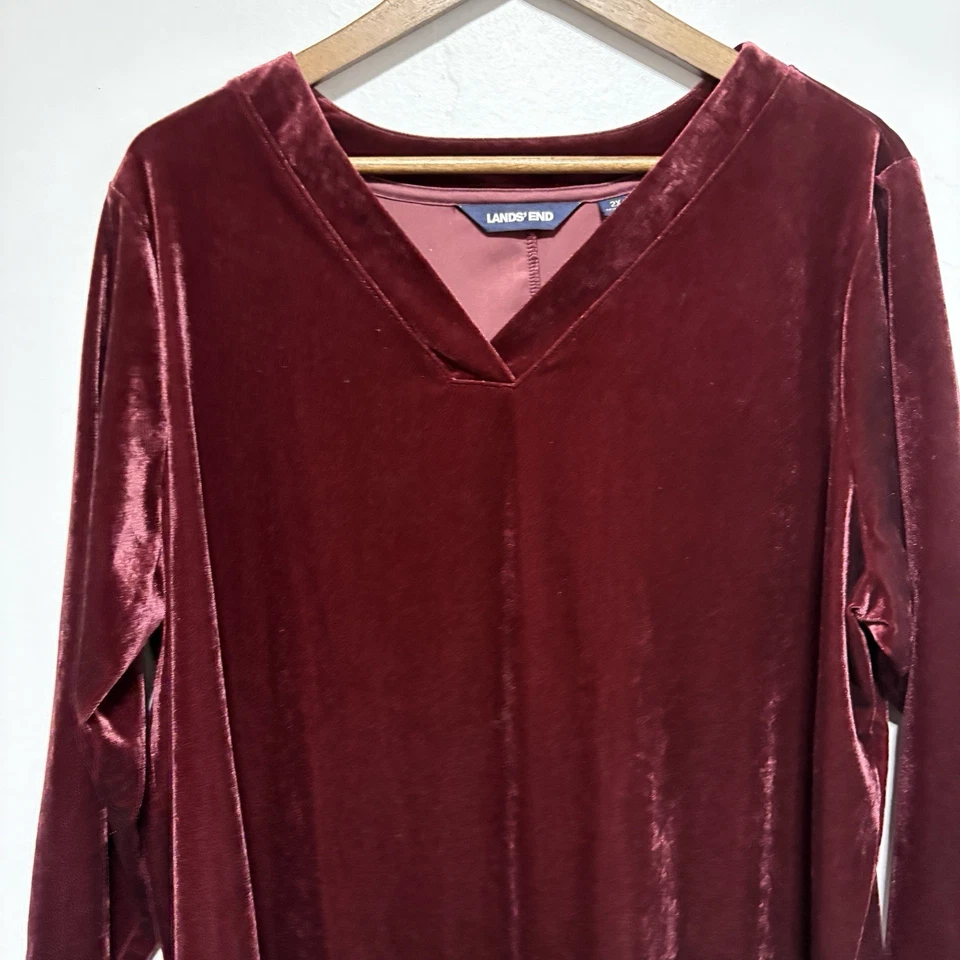Túnica Lands End para mujer 2X 20 rojo borgoña terciopelo cuello en V relajado elástico Top Foto 2 de 4
