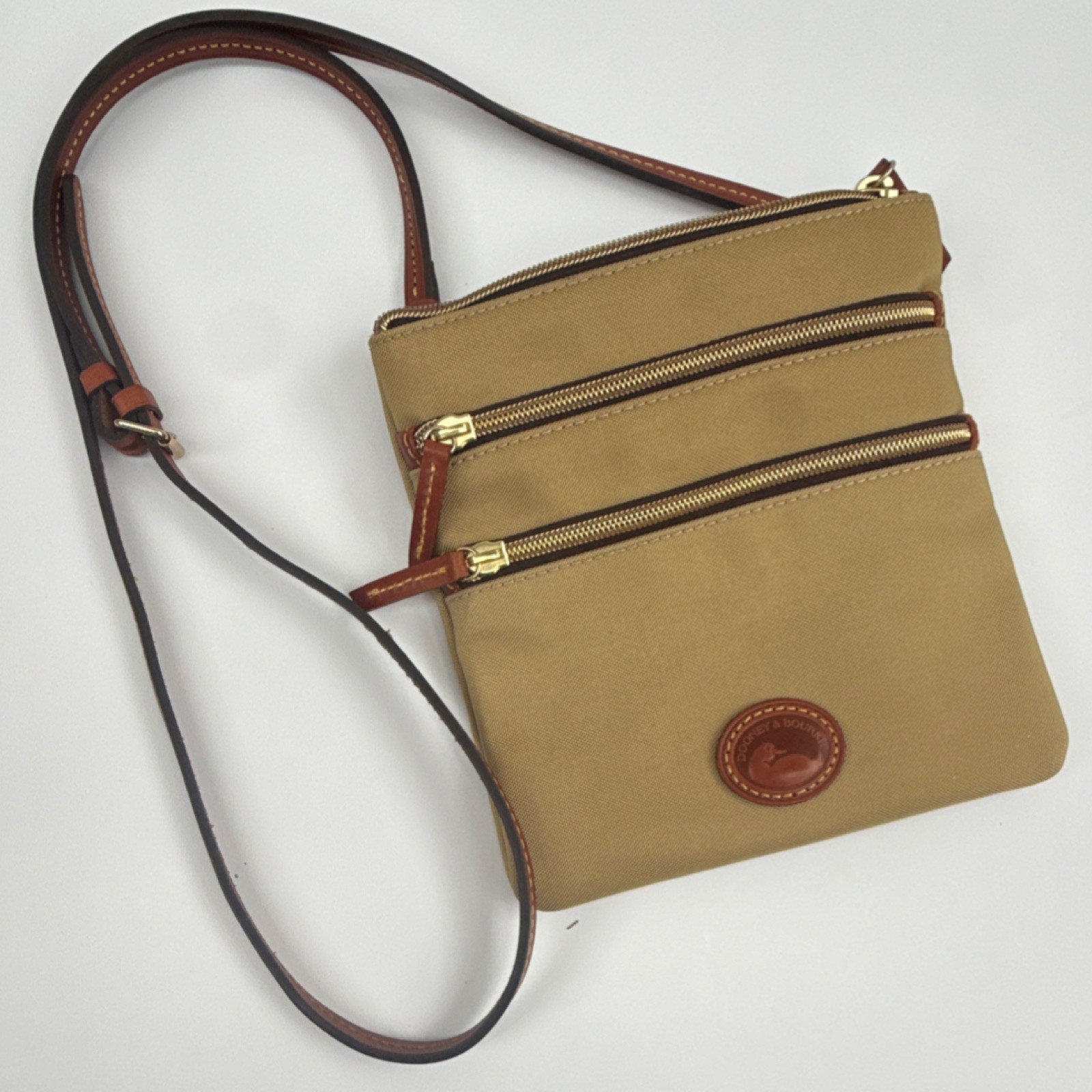Dooney Bourke Nylon Crossbody Bag Tan Brown Leather Trim Multi Zip Travel