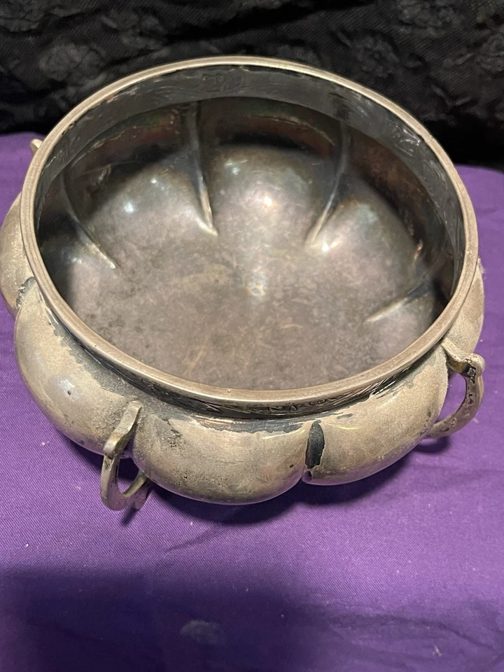 纯银 SANBORNS 墨西哥 ELABORATE FOOTED RIBBED RIM BOWL 328G — 第 3/4 张图片