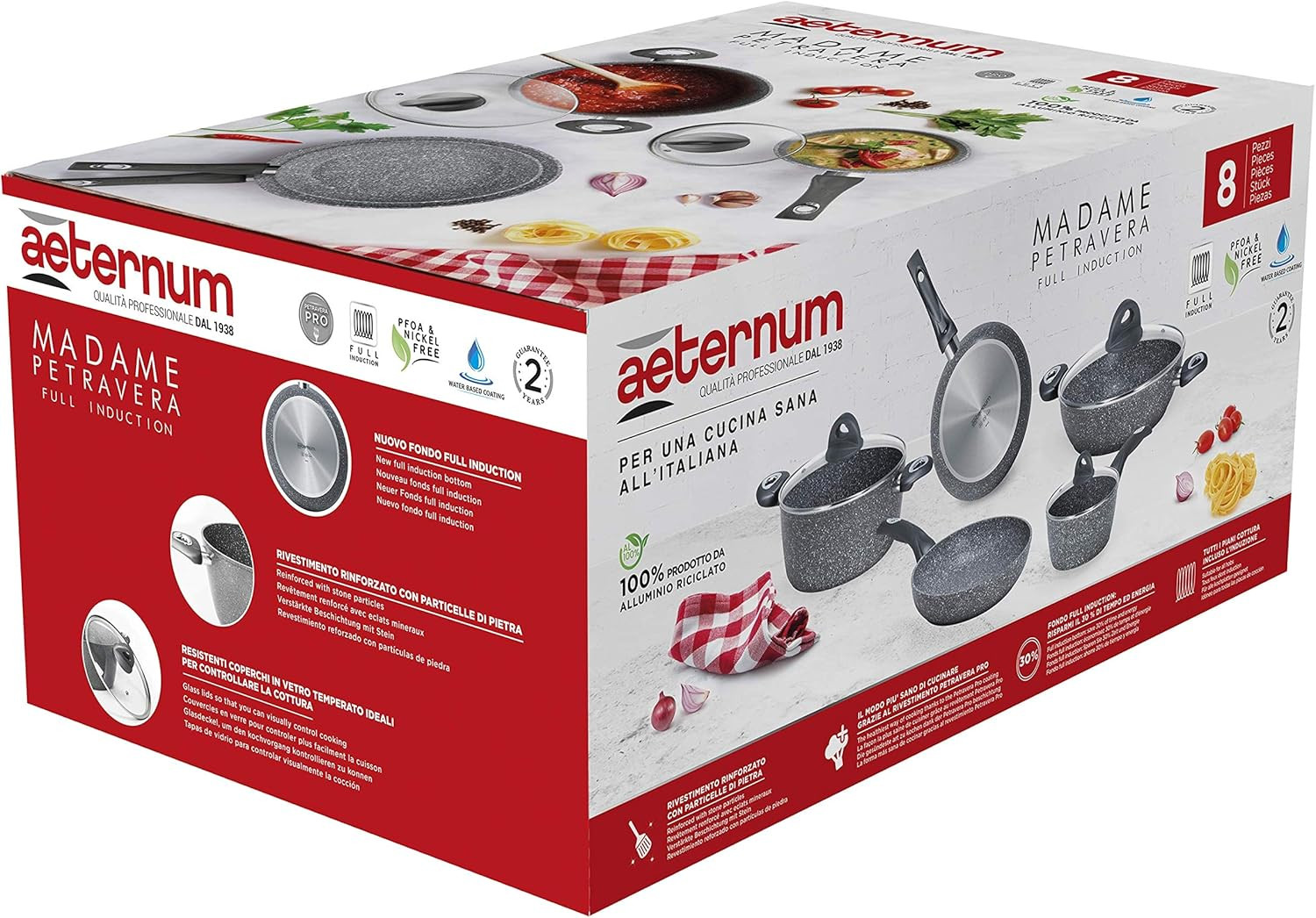 , Madame Petravera 3.0, Batteria 8 Pezzi, 2 Padelle 20-24 Cm, 2 Casseruole 16-20