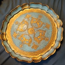 Vtg Italian  Florentine Ornate Gold Gilt Round Wood plate Scalloped O.F.M. blue