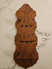 Vintage Wood Wall Letter Holder Carved Butterfly Mail Organizer W/Key Hooks