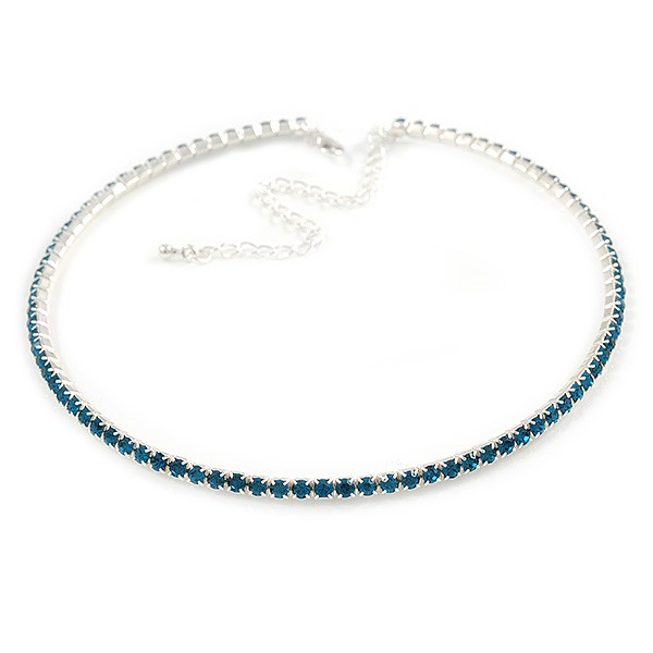 Thin Teal Blue Top Grade Austrian Crystal Choker Necklace In Rhodium Plated